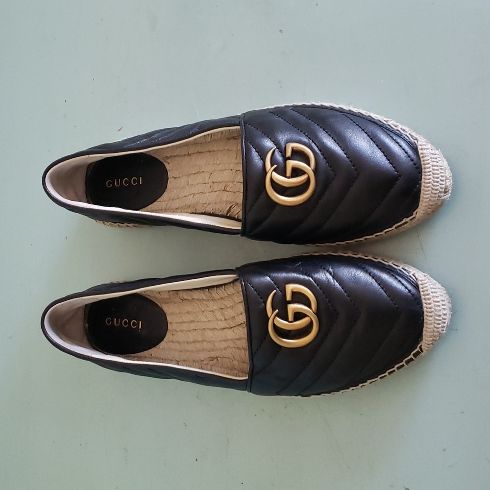 Gucci Pilar Black Double G Espadrille Chevron Shoes 39.5